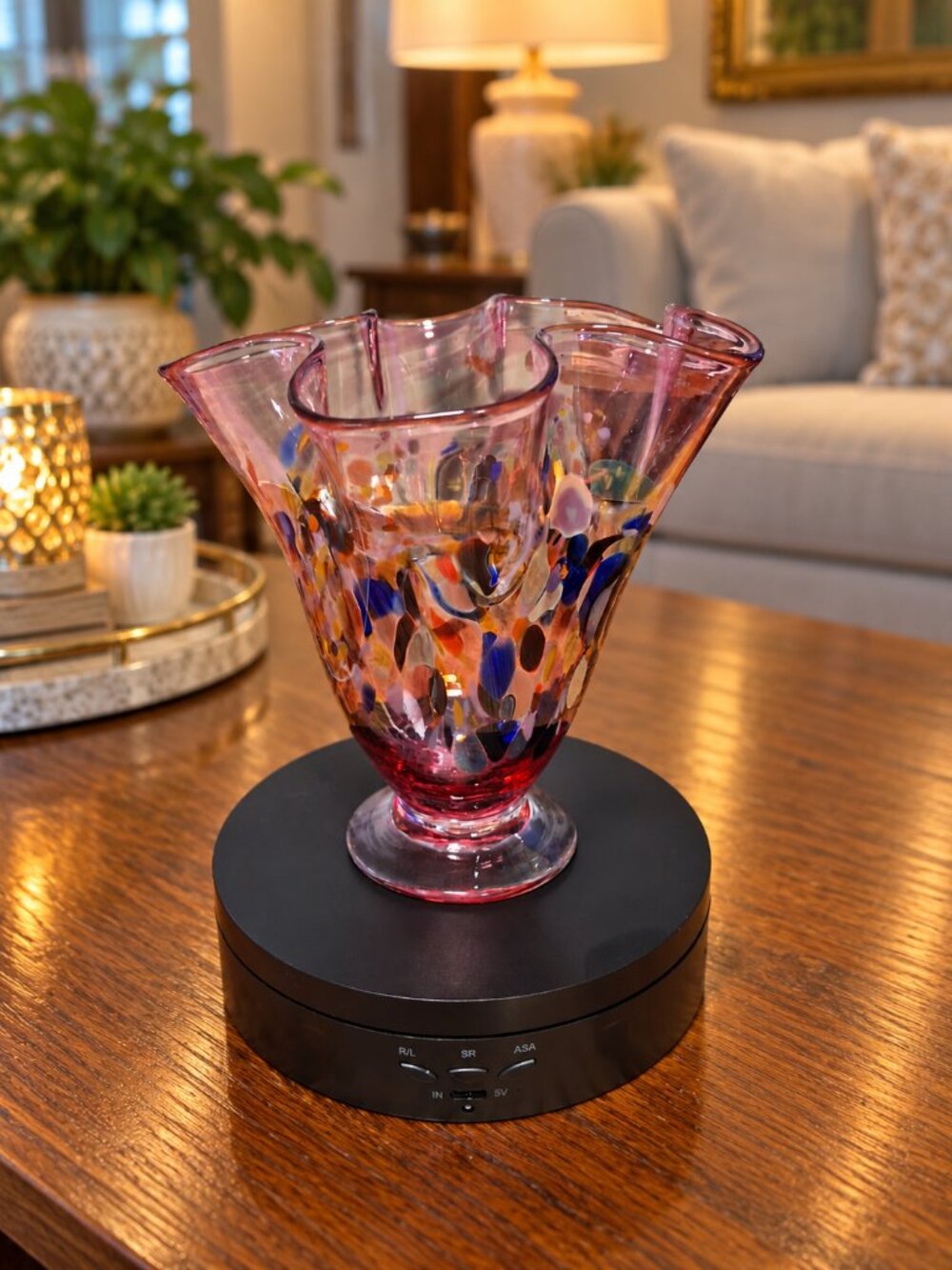 Vintage Murano Style Confetti Glass Ruffle Vase Cranberry Pink 6"